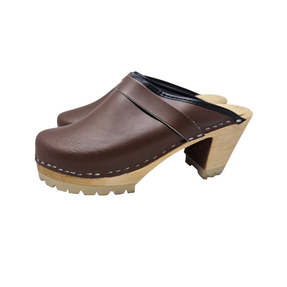 Vintage Skouno 38 Swedish Wooden Brown Leather Clog Boho Cottage Chunky Casual - Picture 1 of 4